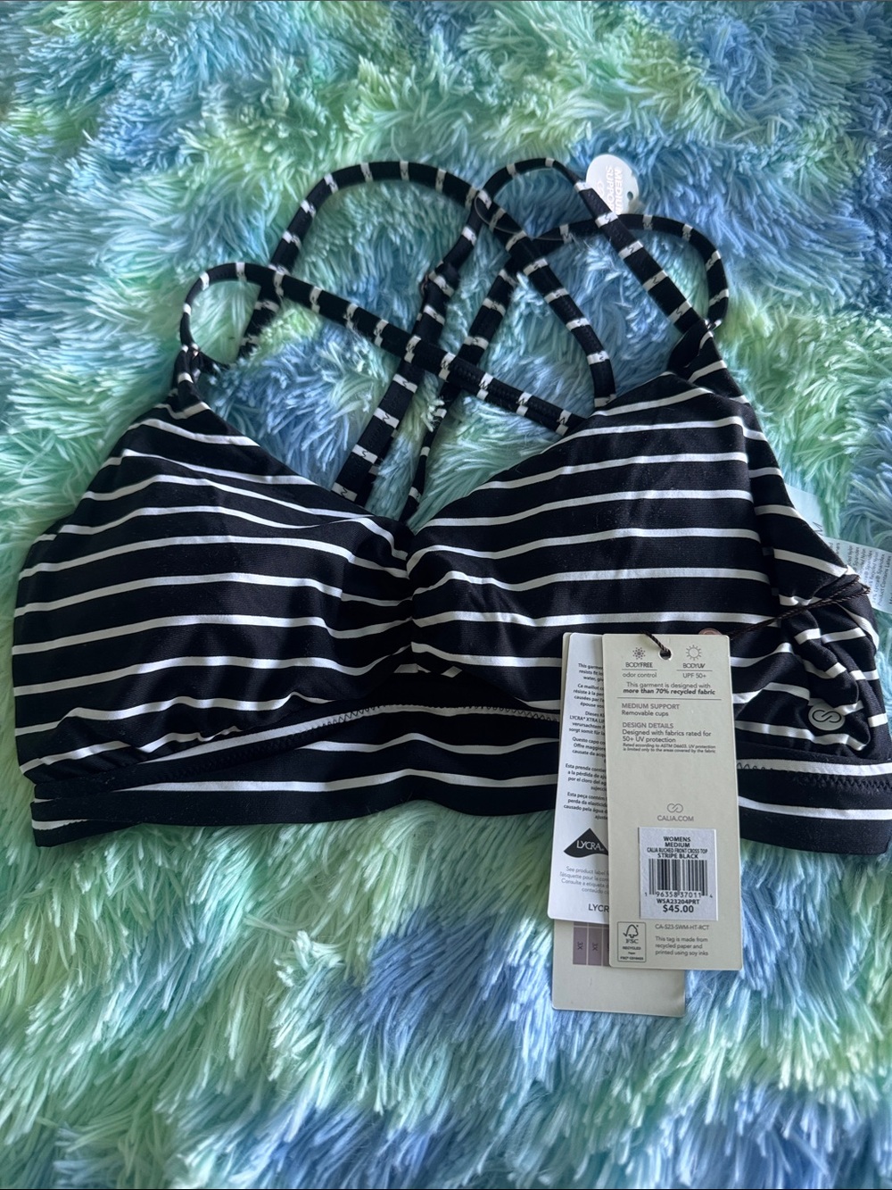CALIA Black and White Striped Ruched Front Crossback Bikini Top